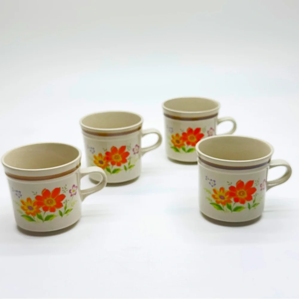 Mikasa Cream and Orange Floral Coffee Cups / Mugs Set of 4 Stonecraft KA103 - Picture 8 of 8